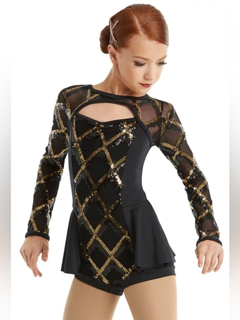 Weissman Long Sleeve Black and Gold Peplum Biketard. Size MC (Medium Child)